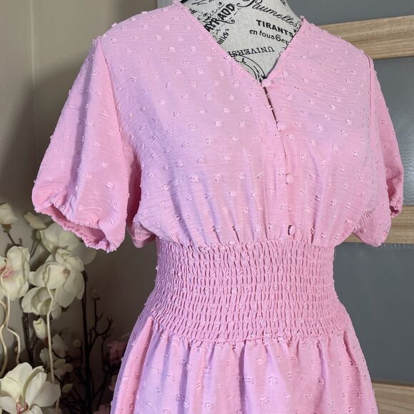 Faded Rose Pink Mini Dress Elastic Waist Short Sleeves Women Small Cottagecore - Picture 2 of 7